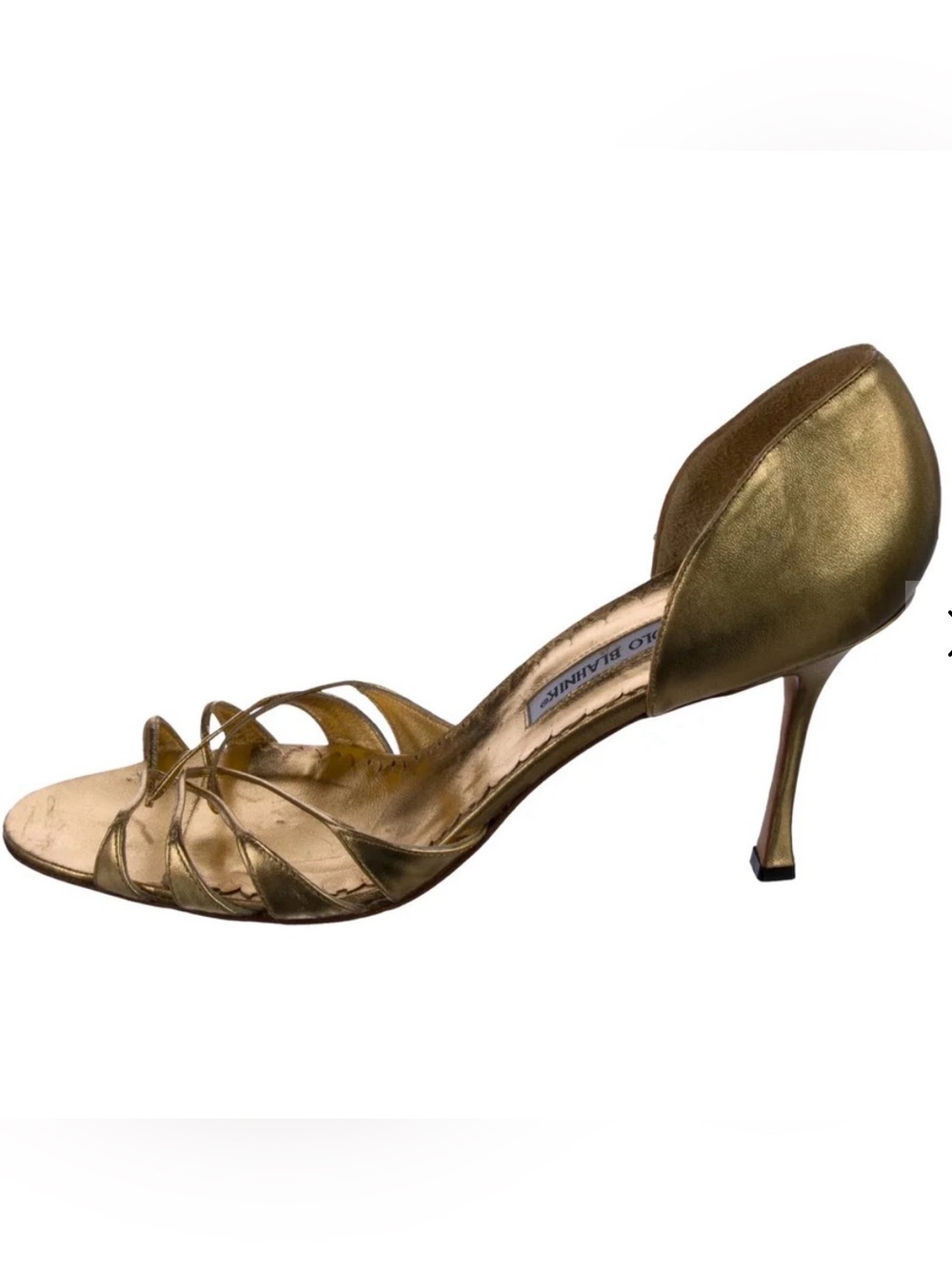Manolo Blahnik 42 Metallic Gold Strappy Mid-Heel Sandals